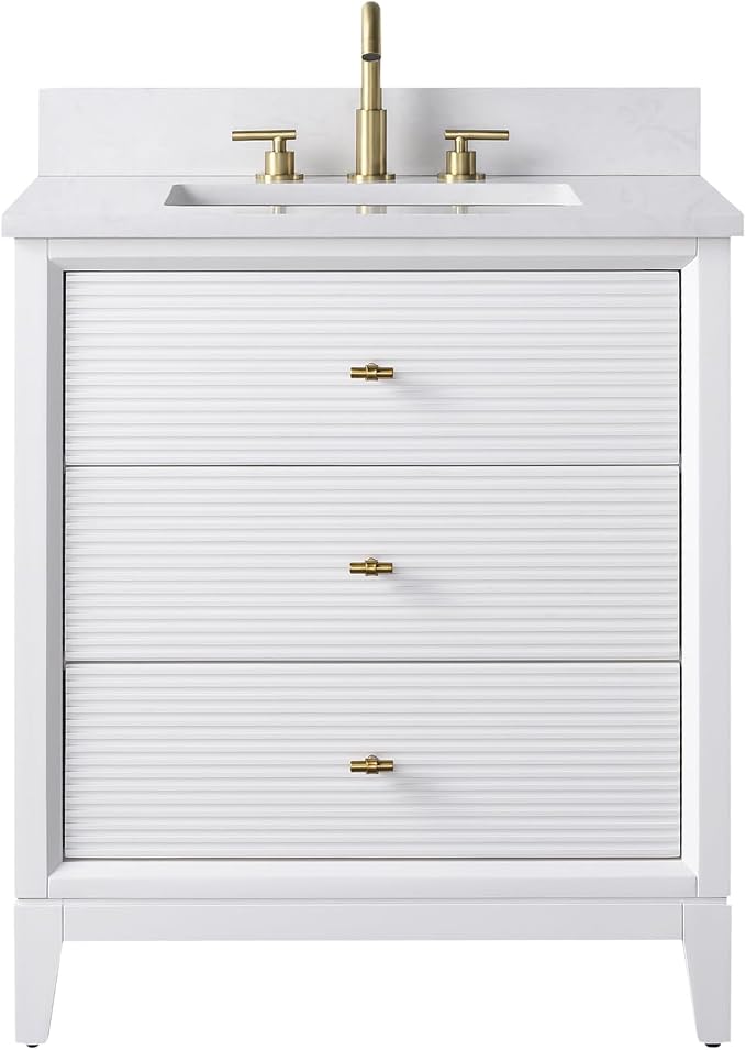 Vanity Art 30" Bathroom Vanity with Single Sink & Ceramic Top, Vanity Cabinet with Soft Closing Door, Solid Wood Frame, Golden Brushed Handles, White VA8130-W-GB