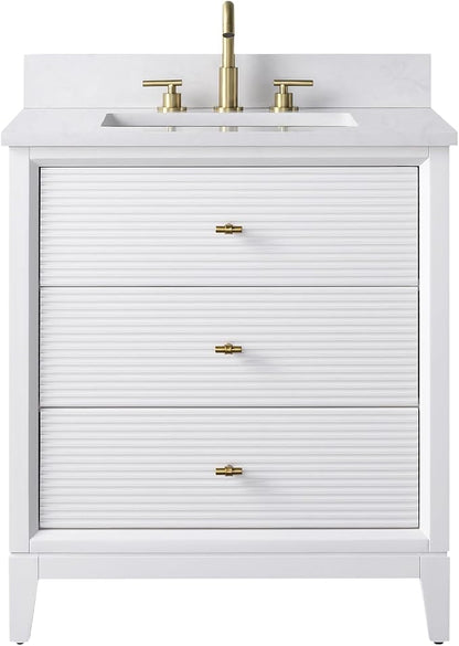 Vanity Art 30" Bathroom Vanity with Single Sink & Ceramic Top, Vanity Cabinet with Soft Closing Door, Solid Wood Frame, Golden Brushed Handles, White VA8130-W-GB
