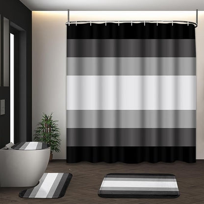 Bathroom Sets with Shower Curtain and Rugs 4 Pcs, Abstract Striped | Modern Ombre Lines Bathroom Decor Set with Toilet Lid Cover, Non-Slip Bath Mats and Accessories 12 Hooks