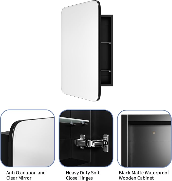 Vintage-Style Bathroom Wood Black Cabinet with 16.5''x24'' Curved Mirror, Recessed Medicine Cabinet, in-Wall or Surface Mount Bathroom Storage Cabinet