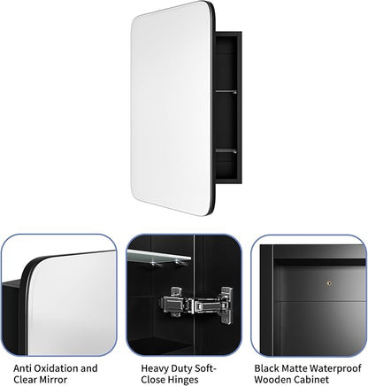 Vintage-Style Bathroom Wood Black Cabinet with 16.5''x24'' Curved Mirror, Recessed Medicine Cabinet, in-Wall or Surface Mount Bathroom Storage Cabinet