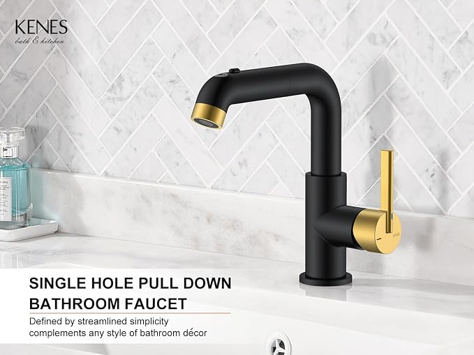 Black & Gold Pull Down Bathroom Faucet 1 Handle, 1 Hole Vanity Faucet | Pull Out Bathroom Faucet with Pop Up Drain & 6 Inch Deck Plate, Lead-Free cUPC & NSF Certified, 1 Hole Faucet for Vanity RV