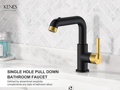 Black & Gold Pull Down Bathroom Faucet 1 Handle, 1 Hole Vanity Faucet | Pull Out Bathroom Faucet with Pop Up Drain & 6 Inch Deck Plate, Lead-Free cUPC & NSF Certified, 1 Hole Faucet for Vanity RV
