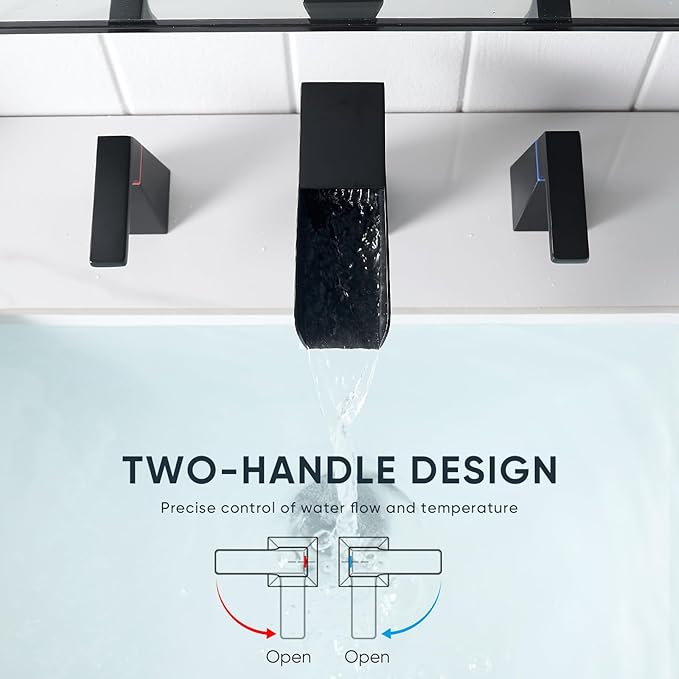Matte Black Bathroom Faucet 3 Holes Two Handles Lavatory Vanity Sink Faucet Widespread 8 Inch Waterfall with Supply Hoses Stainless Steel