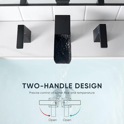 Matte Black Bathroom Faucet 3 Holes Two Handles Lavatory Vanity Sink Faucet Widespread 8 Inch Waterfall with Supply Hoses Stainless Steel
