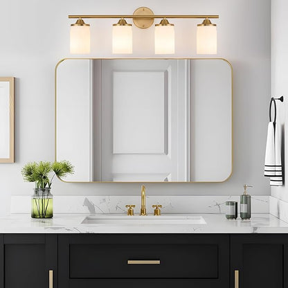 Jonsi Gold Bathroom Light Fixtures 4-Light Vanity Lights Modern Wall Sconce with Milk White Shade Brushed Brass Bathroom Light Fixture Over Mirror for Bedroom Hallway Kitchen