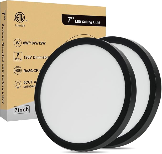 7 Inch LED Flush Mount Ceiling Light, Dimmable 5CCT Selectable, 100W Equivalent Incandescent, 12W 1000Lm Modern Kitchen Recessed Ceiling Lamp for Bathroom Closet Laundry Hallway, 7 Inch 2Pack Black