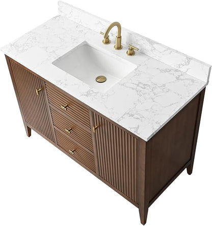 HOMEBEYOND 48" Bathroom Vanity with Sink, Solid Wood Bathroom Vanity Free-Standing Cabinet, Drawers, Ceramic Top & Soft Closing Door, Golden Brushed Handware, Walnut