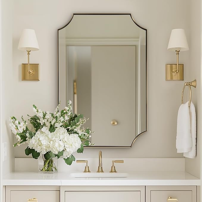20"x30" Gold Scalloped Mirror, Mirrors for Bathroom, Champagne Bronze Vanity Mirror with Scalloped Corners Design, Rustproof Stainless Steel Thin Frame, Ideal for Narrow Bathroom Remodel