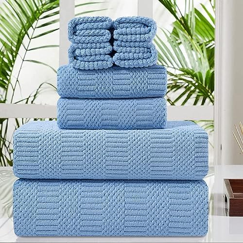8 Pcs Blue Oversized Bath Towel Set-2 Extra Large Bath Sheets,2 Hand Towels,4 Washcloths Soft Bathroom Towels Highly Absorbent Quick Dry Beach Chair Towels Woven Towels for Hotel and Spa