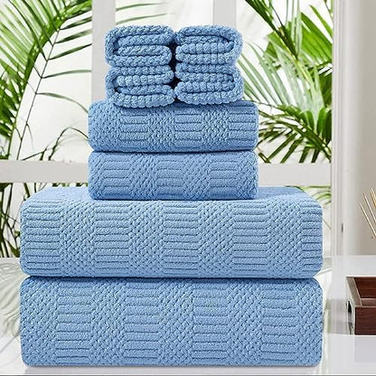 8 Pcs Blue Oversized Bath Towel Set-2 Extra Large Bath Sheets,2 Hand Towels,4 Washcloths Soft Bathroom Towels Highly Absorbent Quick Dry Beach Chair Towels Woven Towels for Hotel and Spa
