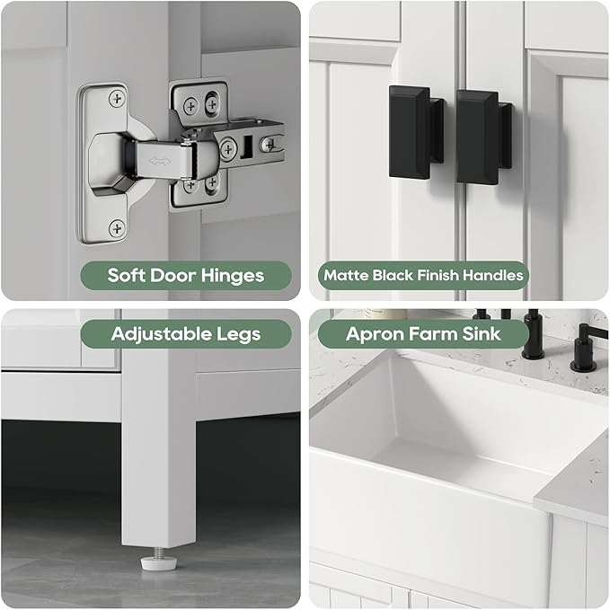 30 Inch White Bathroom Vanity with Sink, Farmhouse Bathroom Vanities Cabinet with Soft Closing Doors, Vanity for Bathroom with Apron Farm Sink, Solid Wooden Frame