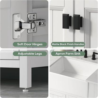 30 Inch White Bathroom Vanity with Sink, Farmhouse Bathroom Vanities Cabinet with Soft Closing Doors, Vanity for Bathroom with Apron Farm Sink, Solid Wooden Frame