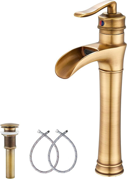 Antique Brass Waterfall Bathroom Faucet GGStudy Single Handle One Hole Farmhouse Bathroom Vessel Sink Faucet Matching with Pop Up Drain