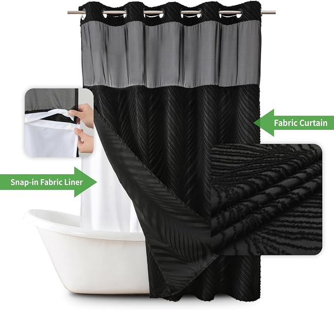 eachope no Hook Shower Curtain and Liner Set，Boho Style with See Through Top Window, Black Fabric Tufted Striped Textured Outer Curtain & Waterproof Inner Liner, DarkBlack, 71Wx86H