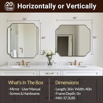 36"x40" Brass Vanity Mirror, Large Scalloped Bathroom Mirror, Brushed Gold Trim Mirror in Anti-Rust Stainless Steel Metal Frame, Irregular Shaped Mirror Ideal for Bathroom Remodel