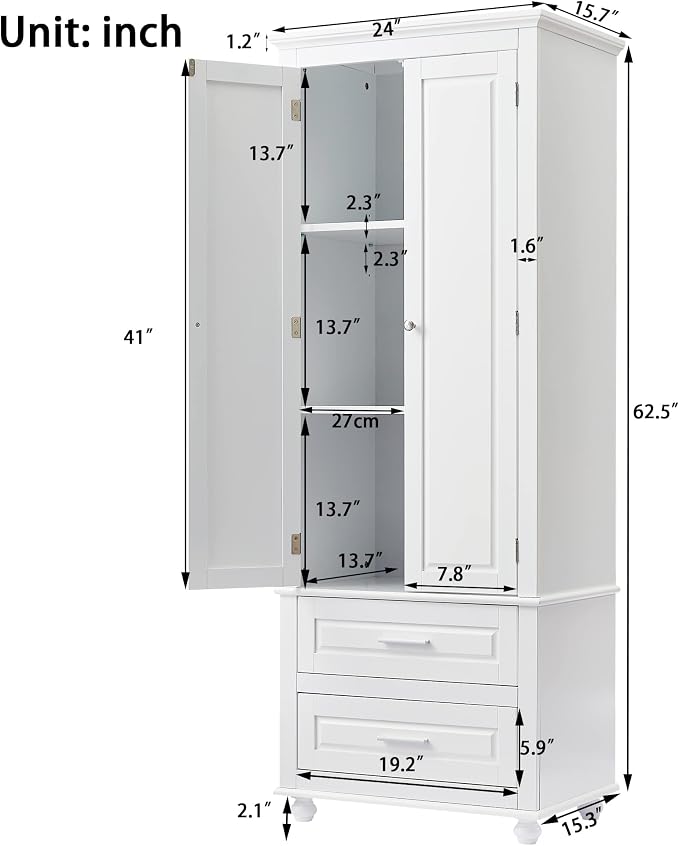 Merax 62.5" Pantry Cabinet with Two Doors & Two Drawers, Adjustable Shelves Storage Cupboard for Kitchen/Dining Room/Bathroom, White