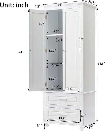 Merax 62.5" Pantry Cabinet with Two Doors & Two Drawers, Adjustable Shelves Storage Cupboard for Kitchen/Dining Room/Bathroom, White