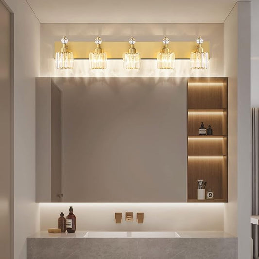 PRESDE 5-Crystal Bathroom Vanity Light Modern Gold Bathroom Lights Fixtures Over Mirror Modern Bath Wall Lighting