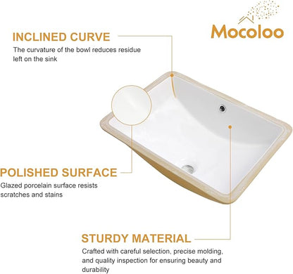 Mocoloo Undermount Bathroom Sink 21x14 Inch White Bathroom Ceramic Sink Undermount Rectangular Vanity Sinks White Porcelain Lavatory Hand Basin Under Counter with Overflow Drain