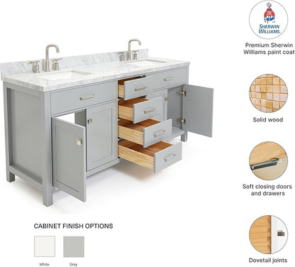DKB Alenza 72 Inch Bathroom Vanity Double Sink — Grey Bathroom Vanity with Sink, 1.5" Edge Italian Carrara Marble Countertop & Backsplash, 4 Soft-Close Doors, 4 Dovetail Drawers