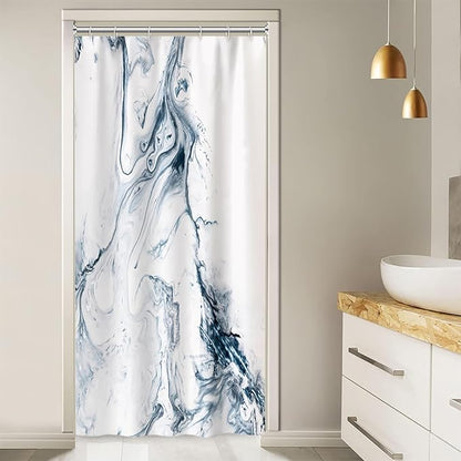 Stall Shower Curtain, Modern Abstract Blue and White Marble Small Shower Curtain Waterproof Shower Curtain Set with Hooks, 36x72 Inch