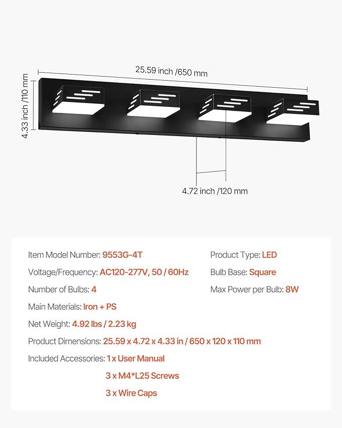 VEVOR 4-Light LED Modern Vanity Light Fixtures, 25.59-Inch, Black Finish Bathroom Wall Lighting Fixture Over Mirror, with IP44 Waterproof, for Bathroom, Living Room, Bedroom, Hallway, Cool White 6000K