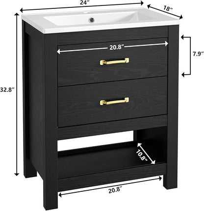 Bathroom Vanity with Sink, 24 Inch Small Bathroom Storage Cabinet with Double Drawers, Freestanding Modern Bathroom Cabinet with Open Bottom Shelf & LED Light, Black
