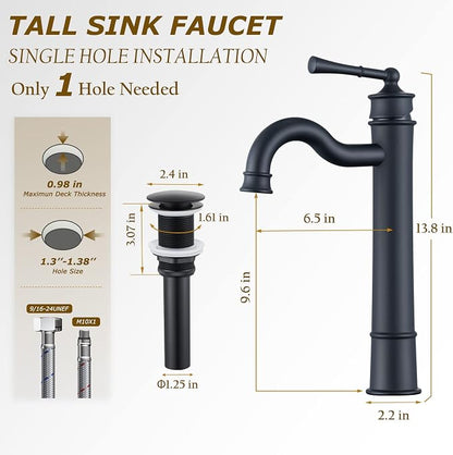 Vessel Sink Faucet Matte Black Bathroom Tall Faucet Single Hole Deck-Mount Pop up Drain Assembly Without Overflow Water Supply Lines Included