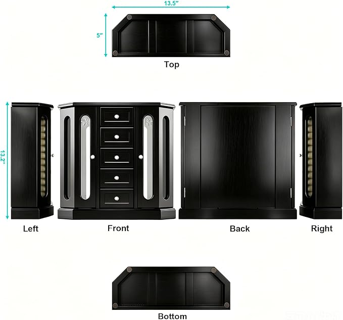RR ROUND RICH DESIGN Vintage Jewelry Armoire with Mirror Black | Solid Wood Jewelry Box Organizer with 5 Drawers & 2 Glass Doors - Large Capacity Desktop Dresser Case
