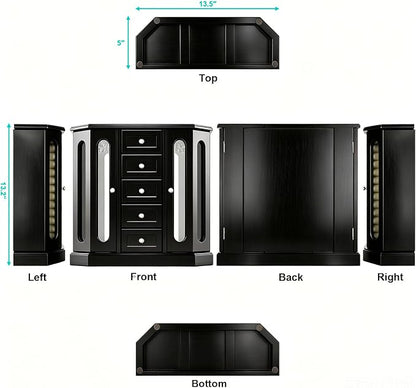 RR ROUND RICH DESIGN Vintage Jewelry Armoire with Mirror Black | Solid Wood Jewelry Box Organizer with 5 Drawers & 2 Glass Doors - Large Capacity Desktop Dresser Case