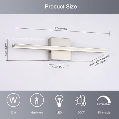16W LED Vanity Light Bar, 19.6-Inch Brushed Nickel Bathroom Fixture, 5CCT Color Changeable & Dimmable Over-Mirror Lighting