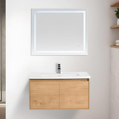 Blossom 36 Inch Wall Mounted Bathroom Vanity with Sink | Floating Wood Vanity Cabinet | Modern Soft-Close Doors & Storage | Ceramic Basin | Space-Saving Design (Classic Oak, 36'' Ceramic Sink)
