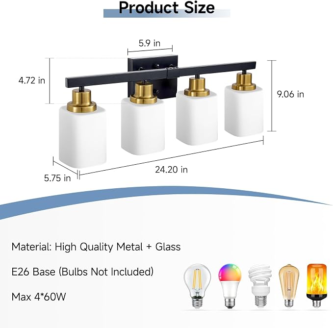4-Light Vanity Light for Bathroom,Black and Gold Bathroom Light 24" | Bathroom Light Fixture with Square Frosted Glass, Wall Sconces fixtures Over Mirror Sink Restroom,Living Room Hallway