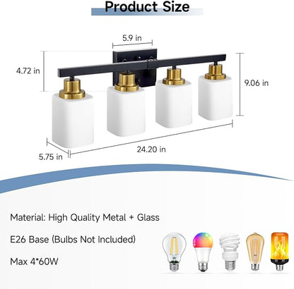 4-Light Vanity Light for Bathroom,Black and Gold Bathroom Light 24" | Bathroom Light Fixture with Square Frosted Glass, Wall Sconces fixtures Over Mirror Sink Restroom,Living Room Hallway