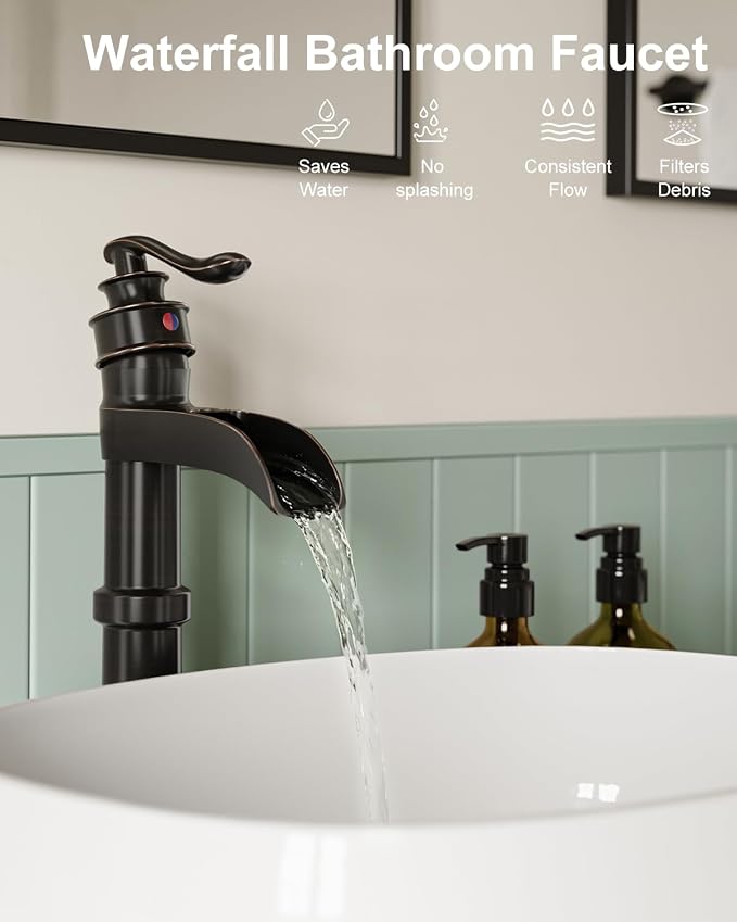 BWE Vessel Sink Faucet Waterfall Tall Oil Rubbed Bronze Bathroom Faucet | Single Hole One Handle Brass Countertop Lavatory Vanity Mixer Tap with Pop Up Drain and Supply Lines for RV Bar No Overflow