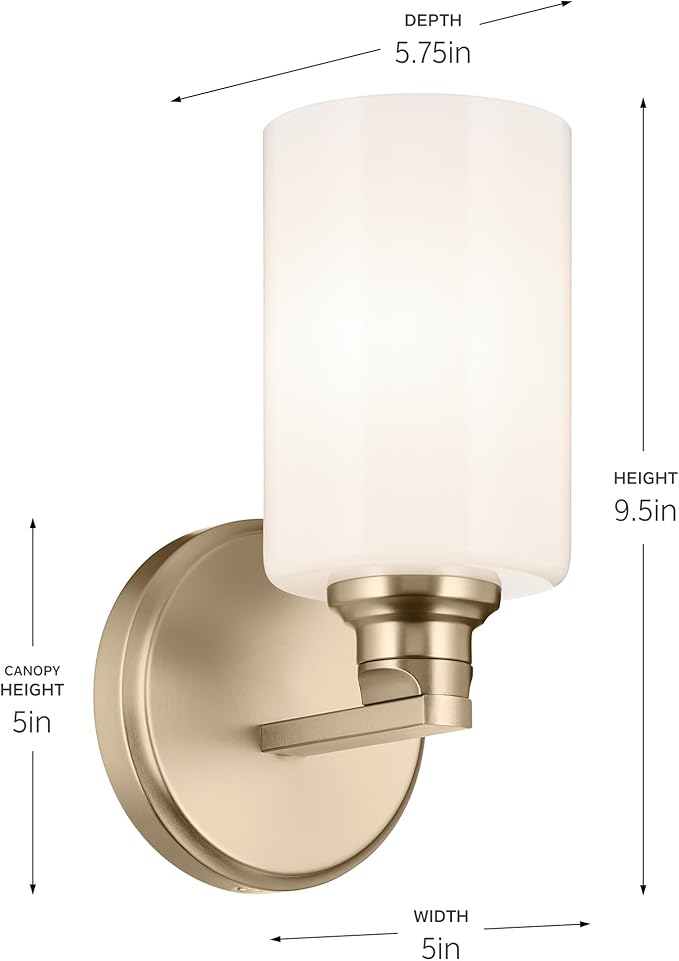 Kichler Gioe 5" 1-Light Wall Sconce with Opal Glass in Champagne Bronze, Damp Rated, for Powder Room, Bathroom, Kitchen, Hallway, Bedroom, Fireplace, (5" W x 9.5" H), 55224CPZ