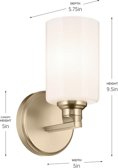 Kichler Gioe 5" 1-Light Wall Sconce with Opal Glass in Champagne Bronze, Damp Rated, for Powder Room, Bathroom, Kitchen, Hallway, Bedroom, Fireplace, (5" W x 9.5" H), 55224CPZ