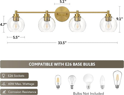 VONLUCE 4 Light Bathroom Vanity Light Fixtures, Gold Finish | Globe Glass Shades, E26 Sockets, Easy to install, Vanity Lights for Bedroom Hallway Living Room