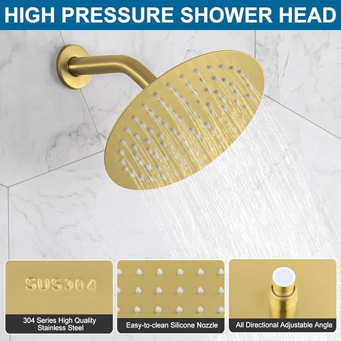 POP SANITARYWARE Shower Faucet Set Brushed Gold Bathroom Rainfall Shower Fixture Wall Mounted 8 Inch Shower Head system Single Handle Shower Trim Kit with Rough-in Valve