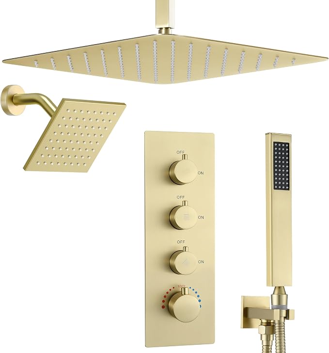 16" Thermostatic Dual Rainfall Head Brushed Gold Shower System | Ceiling Mounted Full Body Shower Faucet Set with Thermostatic Valve for Couples/ 2-Person，16“+6”Shower Head & handheld