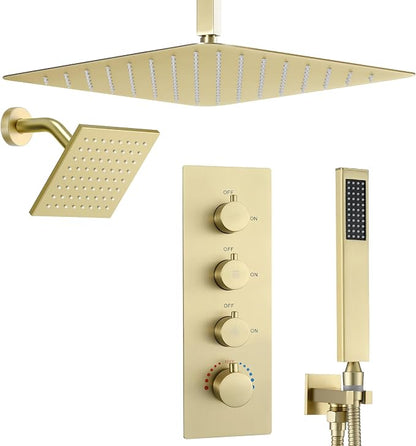 16" Thermostatic Dual Rainfall Head Brushed Gold Shower System | Ceiling Mounted Full Body Shower Faucet Set with Thermostatic Valve for Couples/ 2-Person，16“+6”Shower Head & handheld