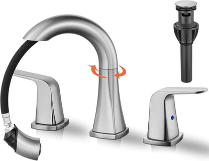 Brushed Nickel Bathroom Faucet with Sprayer - Rotatable Bathroom Faucets for Sink 3 Holes, 8In Widespread Bathroom Pull Down Faucet, 2-Handle Vanity Faucet with Pull Out Sprayer 360 Swivel