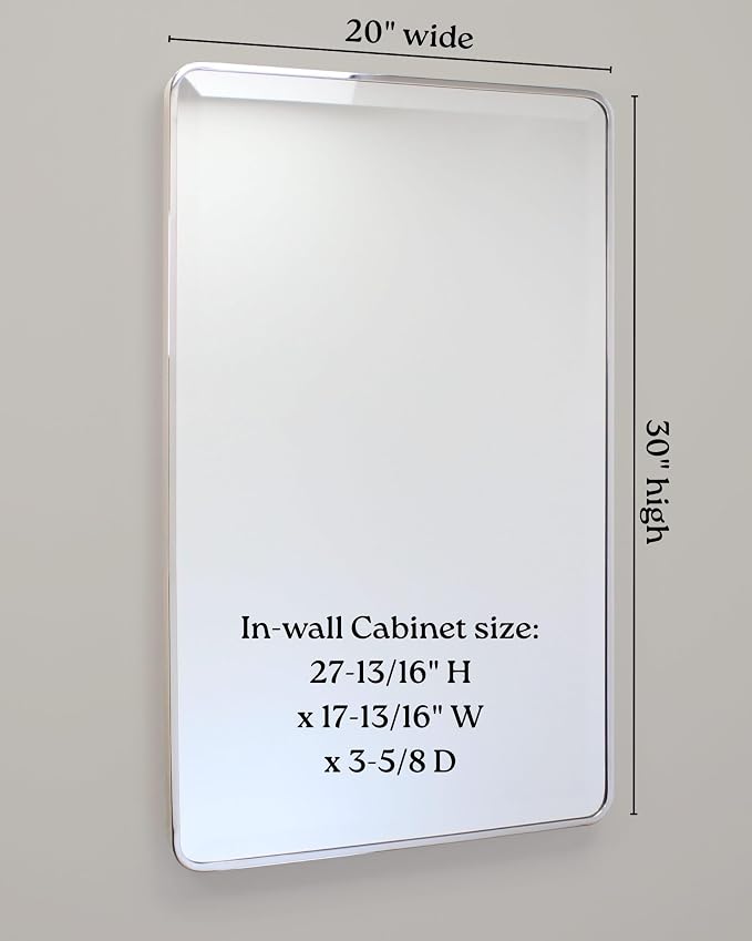 20x30 Austin Farmhouse Metal Framed Rounded Rectangle Recessed Bathroom Medicine Cabinet, Beveled Mirror, 18x28 in-Wall Opening, powder-coated Steel, Adjustable Glass Shelves, Magnet Close, Chrome