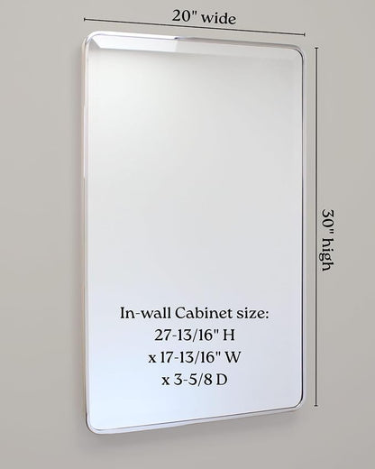20x30 Austin Farmhouse Metal Framed Rounded Rectangle Recessed Bathroom Medicine Cabinet, Beveled Mirror, 18x28 in-Wall Opening, powder-coated Steel, Adjustable Glass Shelves, Magnet Close, Chrome