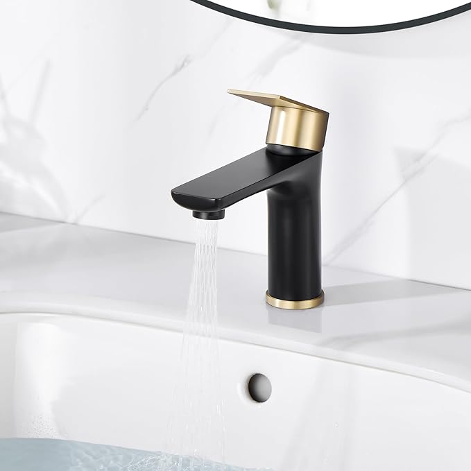 SUMERAIN Modern 304 Stainless Steel Bathroom Faucet Lead-Free Vanity Sink Faucet Black&Gold Single Handle Washbasin Faucet | Lead-Free, Single Handle, Unique Flow Pattern, Water-saving, Easy DIY Install