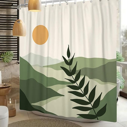 Boho Mid Century Shower Curtain Modern Abstract Sun Tropical Leaves Bathroom Curtain Set Neutral Minimalist Plant Waterproof Fabric Bath Decor with Hooks 72x84 inch