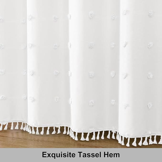 LilyCat Stall Tufted Floral Shower Curtain with Tassel, White, 36" x 72" | Waterproof Boho Fabric Shower Curtain Set with Hooks, Cute Rustic Vintage Bathroom Décor, Minimalist Cloth Bathroom Curtain