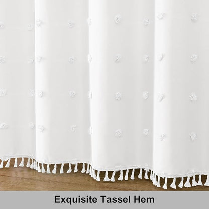 LilyCat White Farmhouse Tufted Floral Shower Curtain with Tassel, 72" x 78" | Waterproof Boho Fabric Shower Curtain Set with Hooks, Cute Rustic Vintage Bathroom Décor, Minimalist Cloth Bathroom Curtain