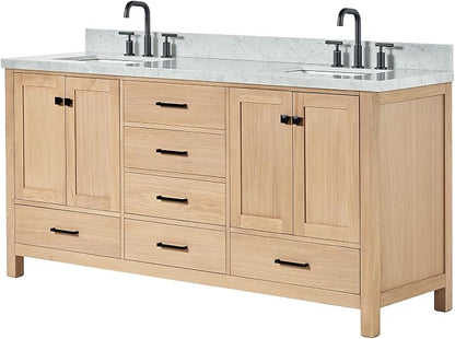 ARIEL Cambridge 72-inch Bathroom Vanity with Sink,Solid Wood, 1.5-inch Italian Carrara Marble Countertop, Double Rectangular Porcelain Sink, 4 Soft Closing Doors, 6 Dovetail Drawers, White Oak